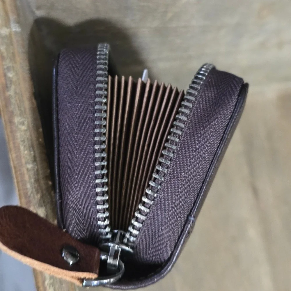 Geruola‎ Brown Leather Accordion Zip 20+ Credit Card Holder mini wallet KOREA